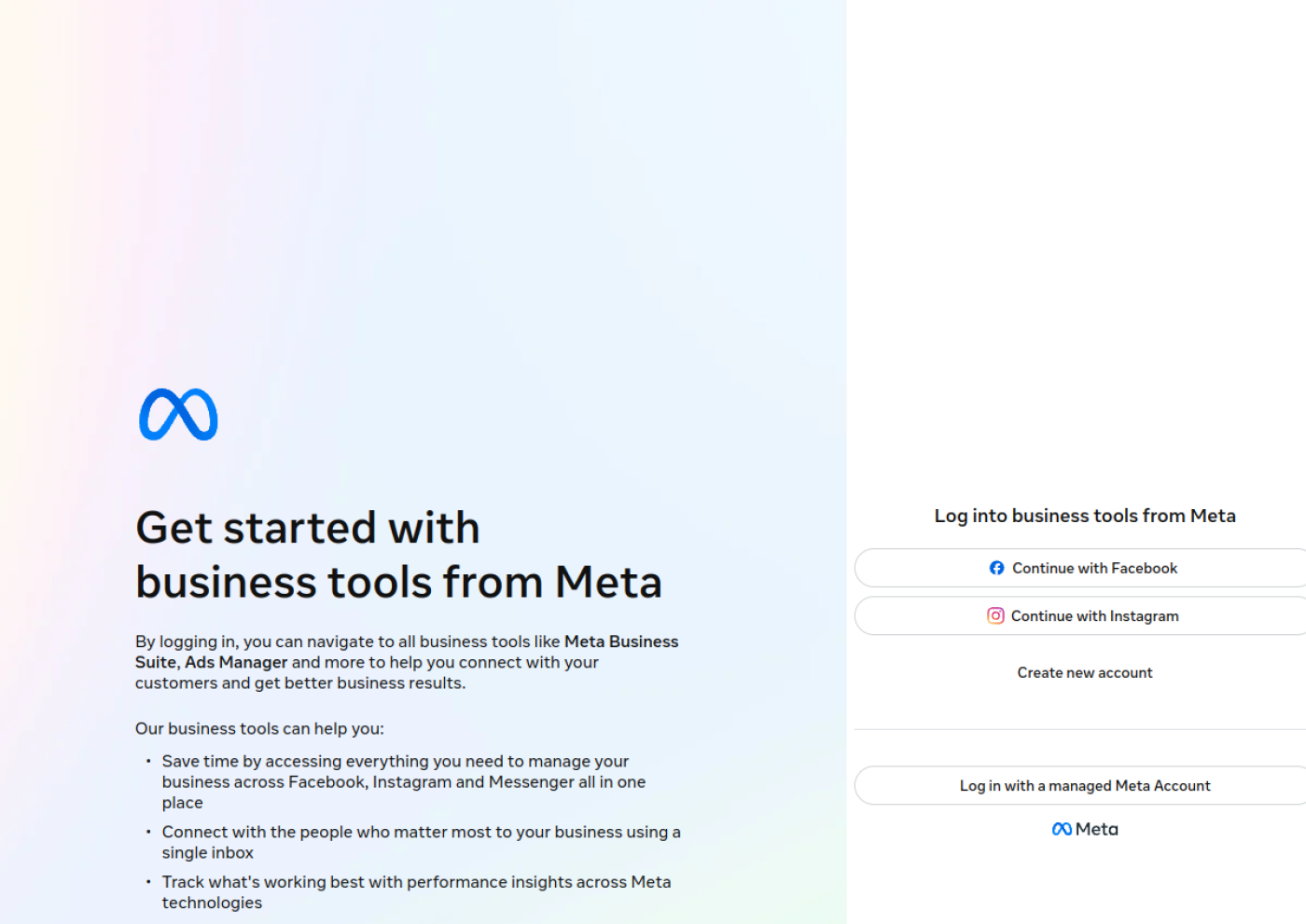 Meta Business Suite 业务工具官方页面截图